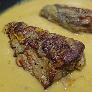 Свичкова на сметане (Beef Tenderloin with Cream Sauce, Dumplings and Cranberry Jam)